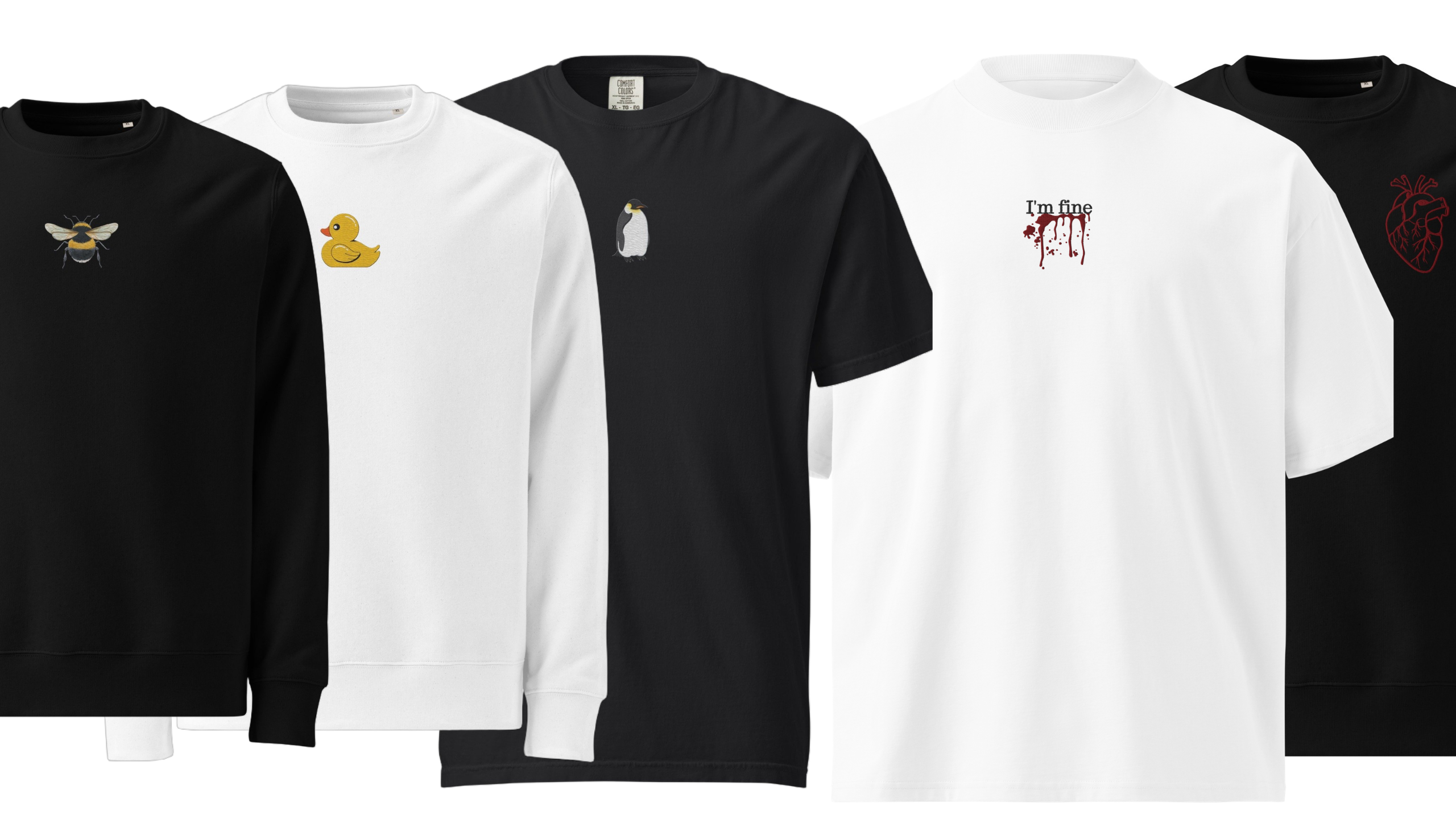 Collection of black and white t-shirts with various designs on a white background